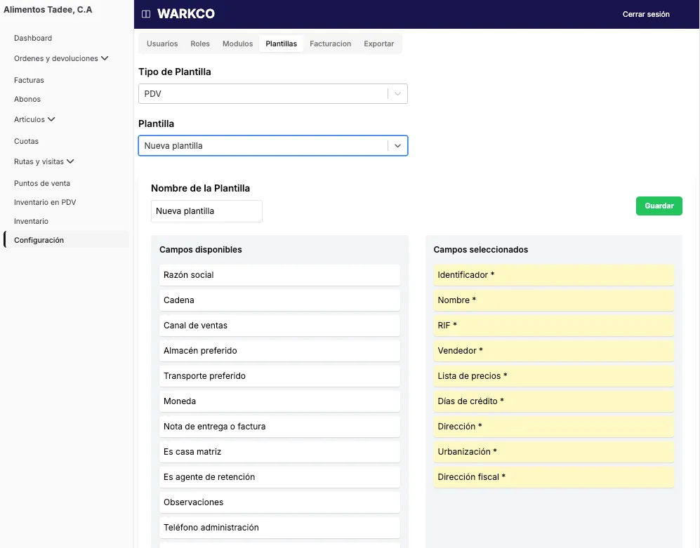 Pantalla de creación de plantilla